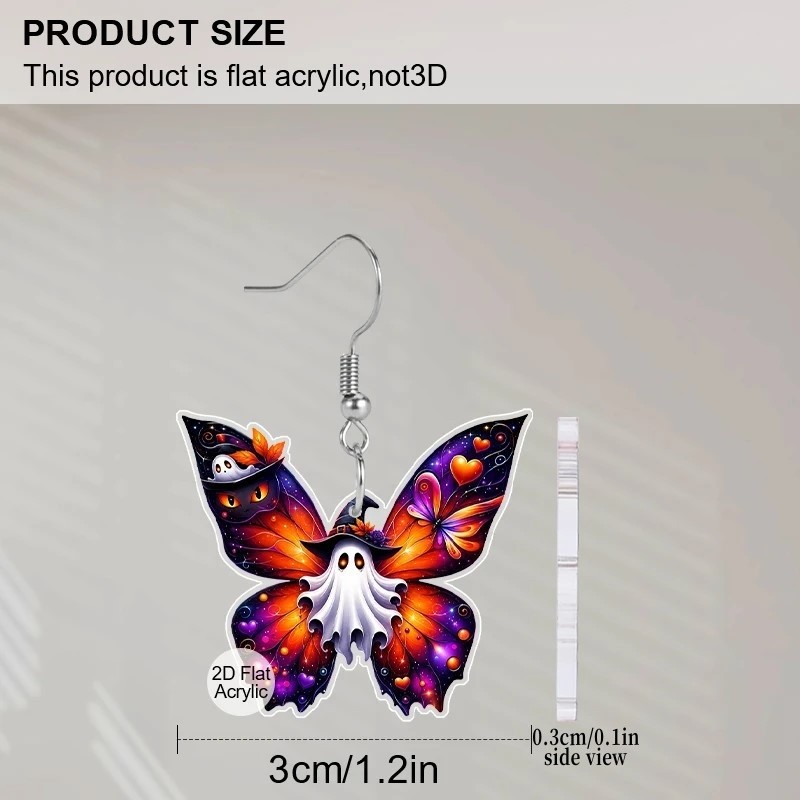 1 Pair of Women’s Halloween 2D Acrylic Butterfly Earrings with Ghost Witch Hat