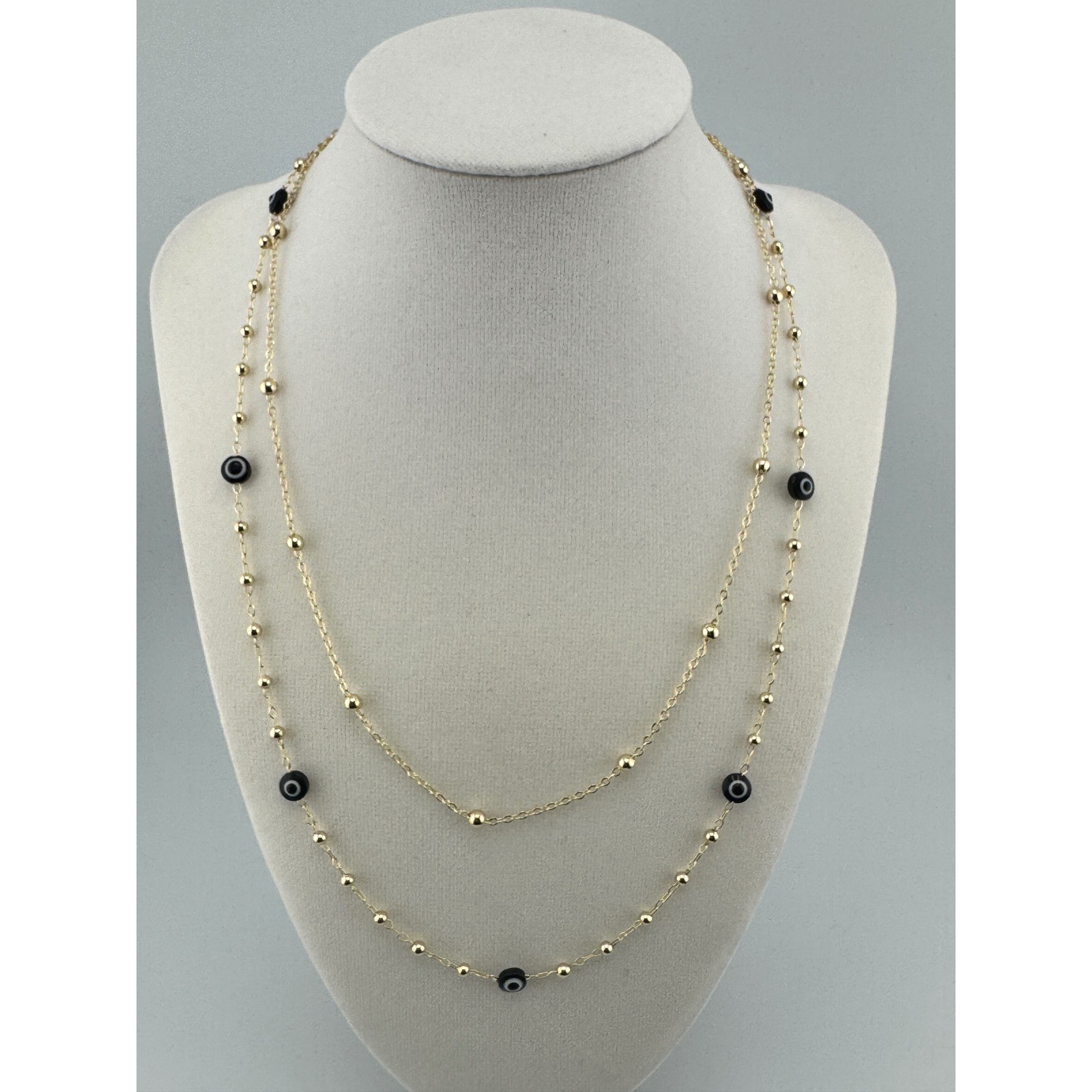 Gold Tone Double Layer Evil Eye Bead Necklace Black Accents Adjustable Clasp