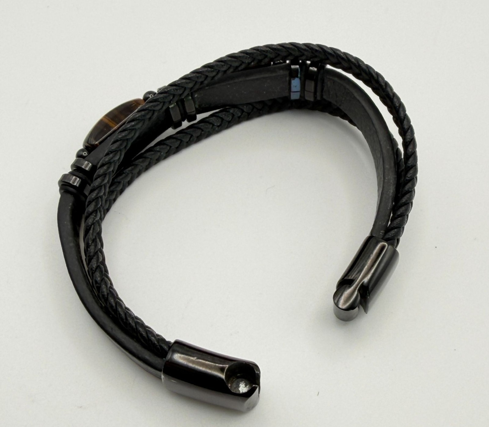 Black Braided Leather Bracelet Tiger Eye Stone Casual Earthy Boho 7 Inch