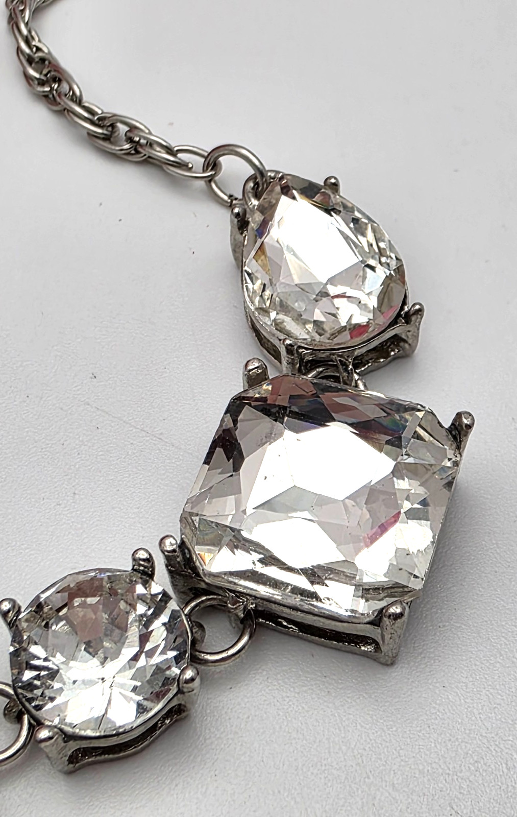 Express Silver Tone Clear Crystal Bib Necklace, Square Teardrop Statement 19 in