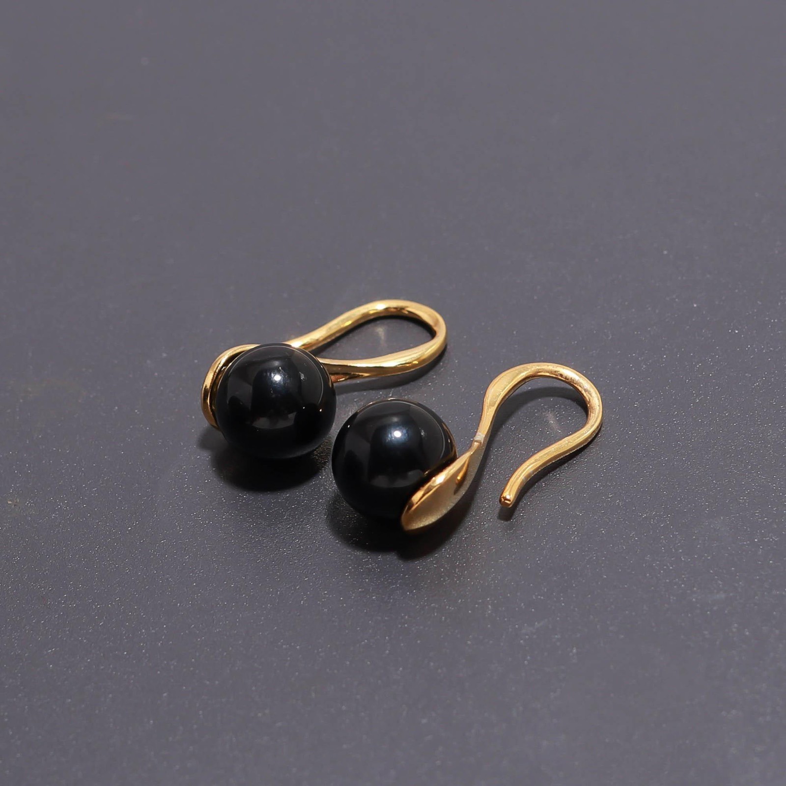 Natural Black Onyx Ball Dangle Earrings Gold Plated 925 Sterling Silver Jewelry