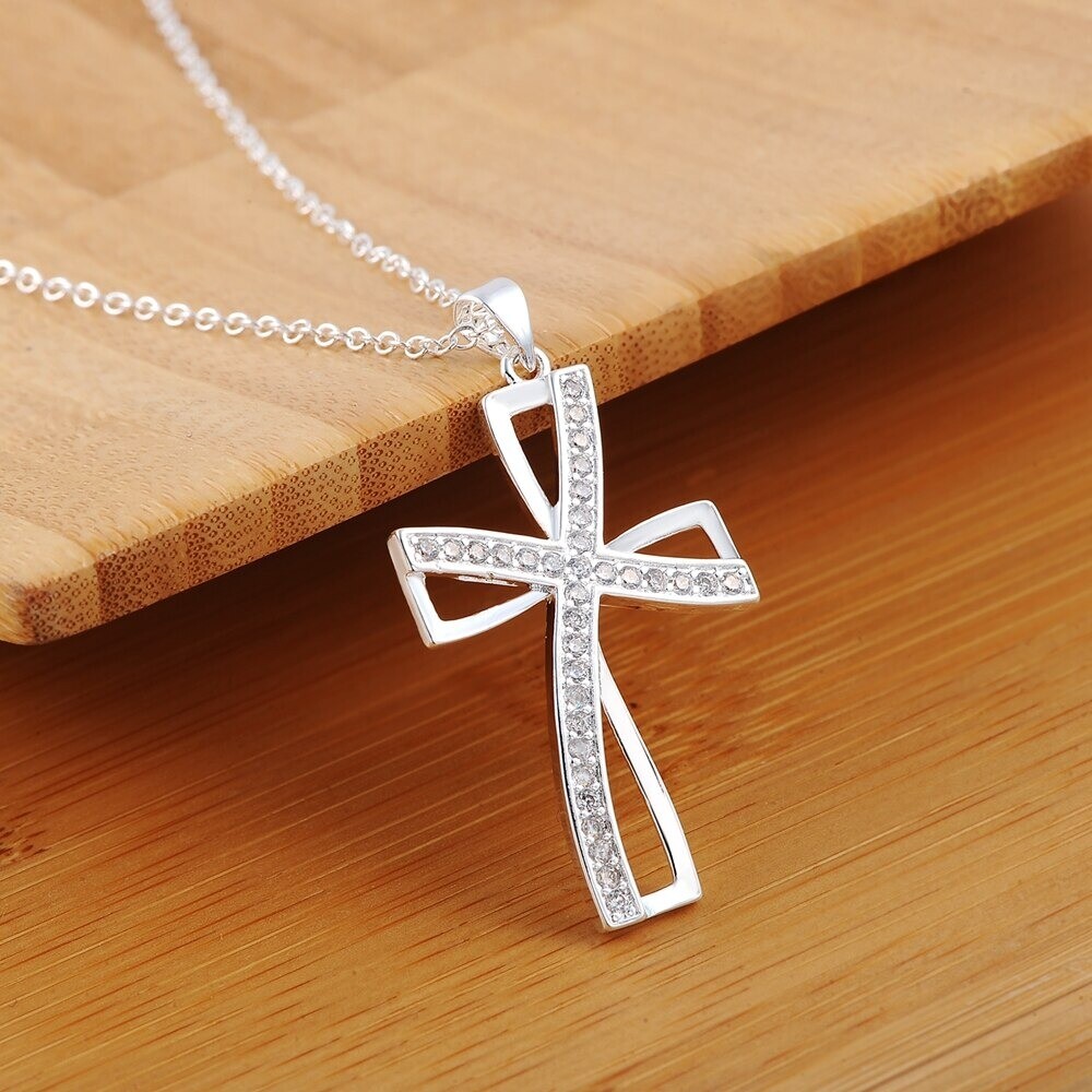 Ladies Necklace Silver Tone Chain With Double offset Cubic Zerconia Cross