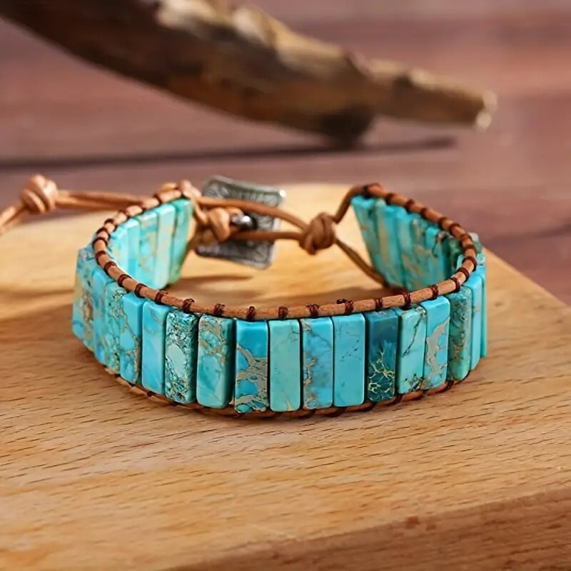 Natural Turquoise Leather Boho Handmade Healing Meditation Women Wrap Bracelet