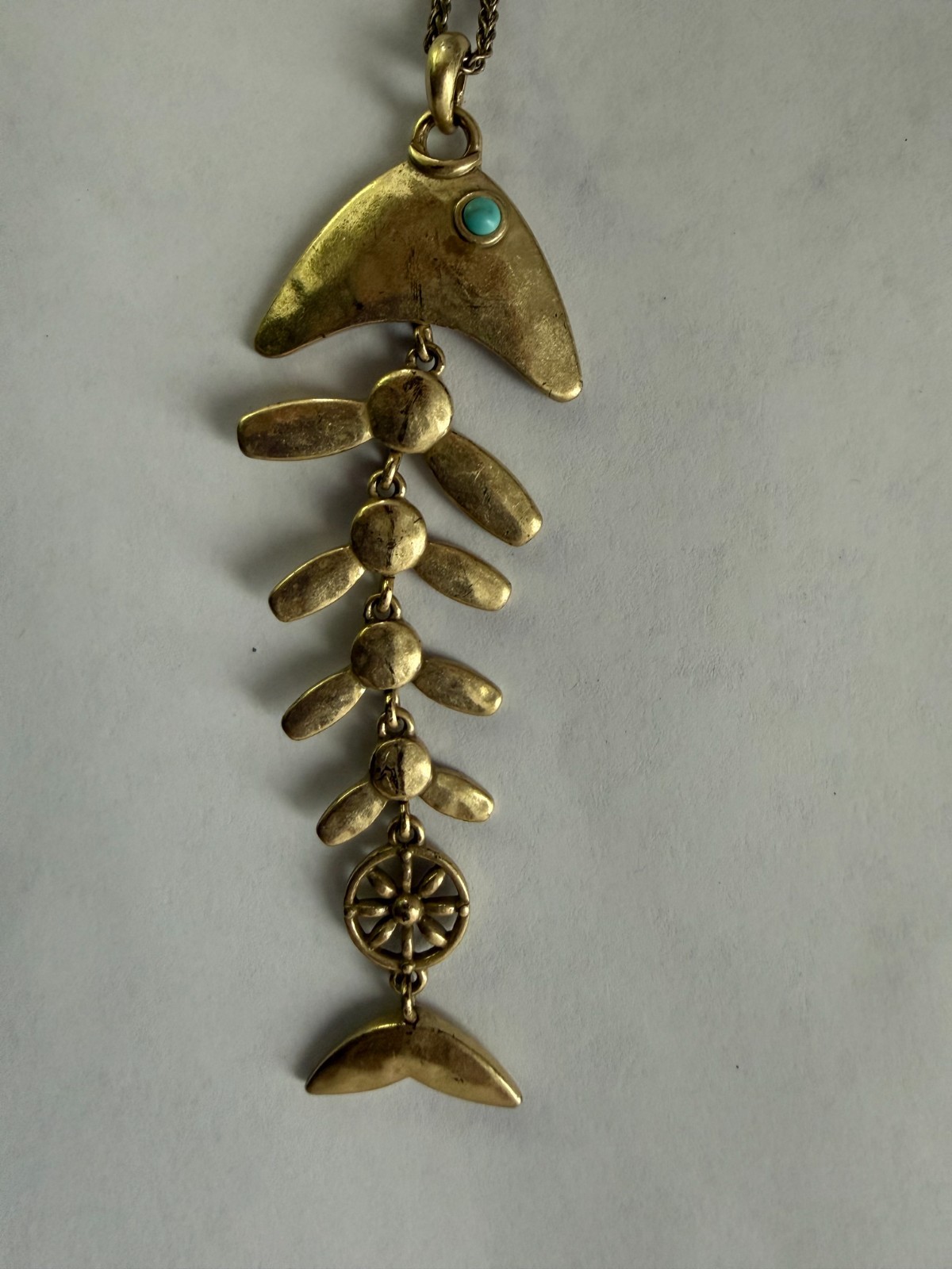 Fish Bone Skeleton Pendant Necklace Articulated Compass Lucky Brand Gold Tone