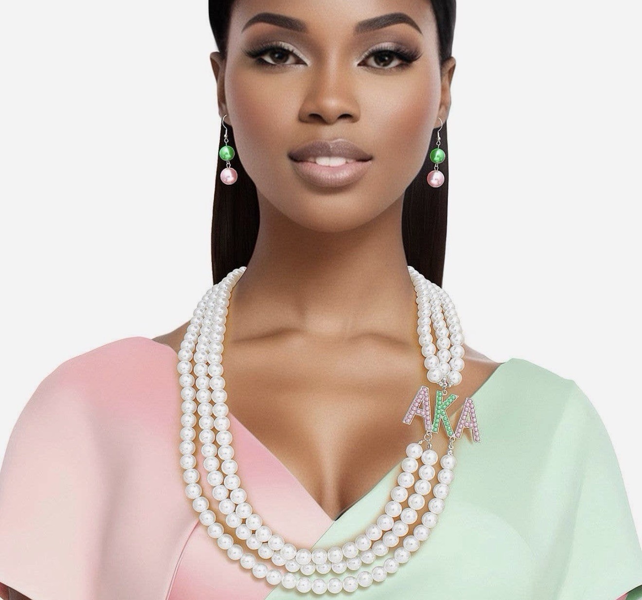 Pink & Green Simulated Faux Pearl Multi-Strand Necklace & Earrings Set AKA Charm