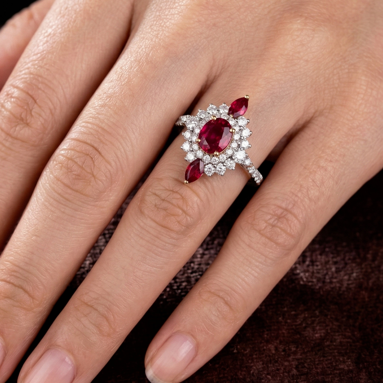 Natural Oval Ruby and CZ Halo Ring, Sterling Silver Statement Band