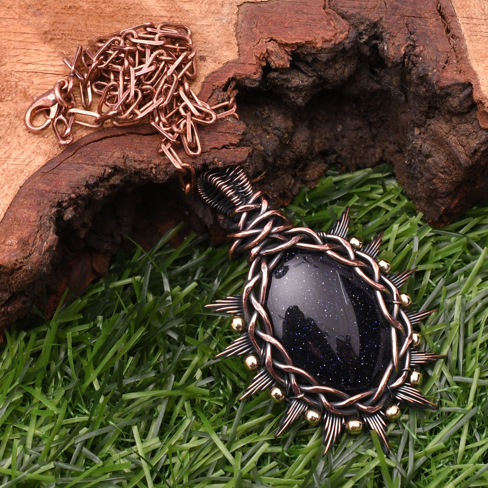 Blue Sun Stone Gemstone Copper Wire Wrap Handmade Jewelry Pendant 2.28″