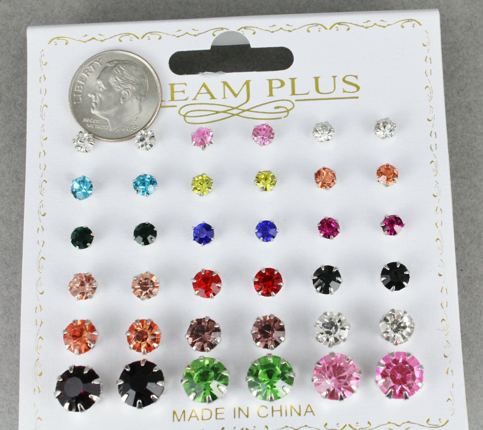 18 pair round faceted stud post crystal earrings graduated size multi color set