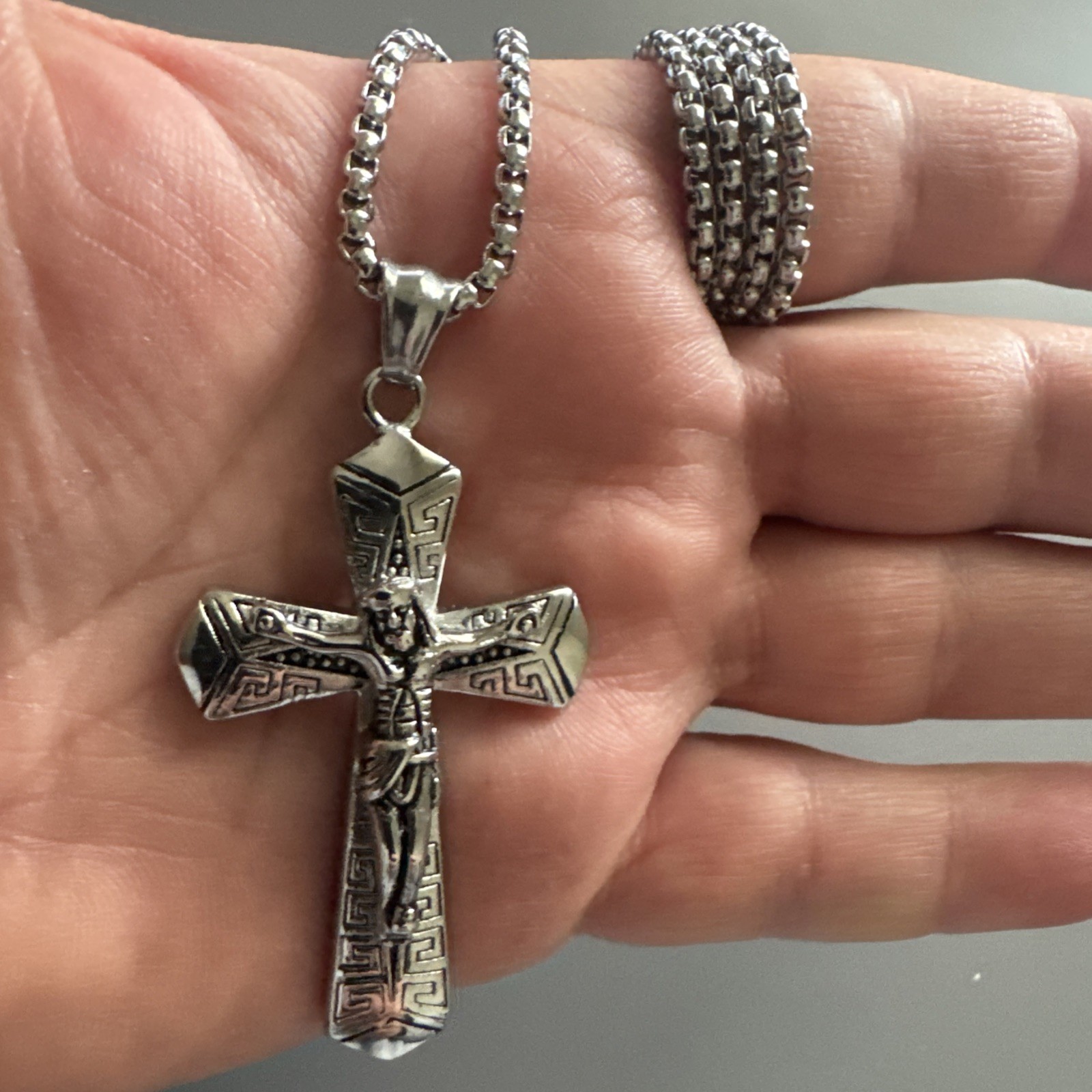 Jesus Christ Crucifix Cross Pendant Stainless Steel 24” Chain Silver Unisex Gift