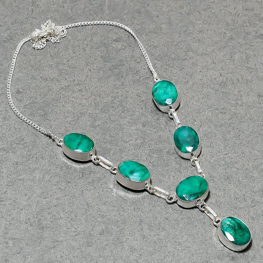 Faceted Sakota Mines Emerald Oval Shape Gemstone Handmade Jewelry Necklace 18″