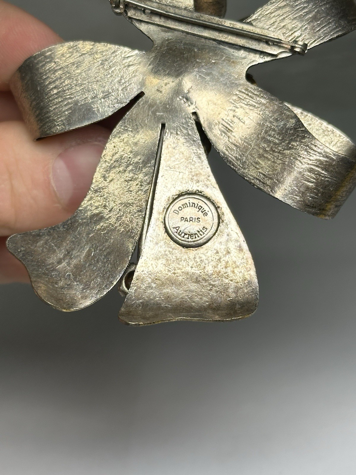 Rare Dominique Aurientis Paris Rhinestone Bow Brooch Silver Tone Large VTG
