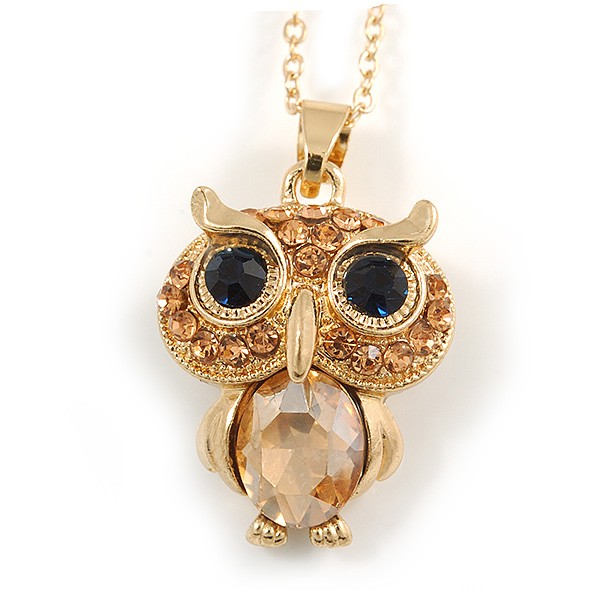 Small Champagne Coloured Crystal Owl Pendant with Gold Tone Chain – 42cm L/ 5cm