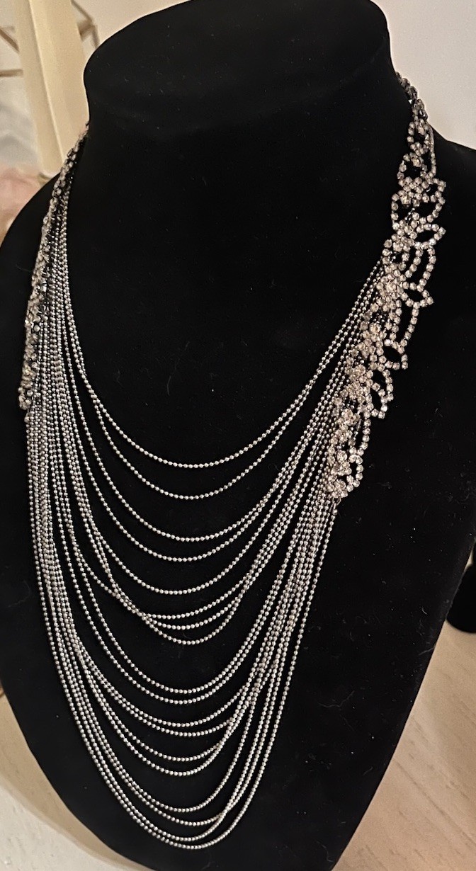 Simply Vera Wang Gray Crystal Floral Leaf Multi Layered Chain Gunmetal Necklace