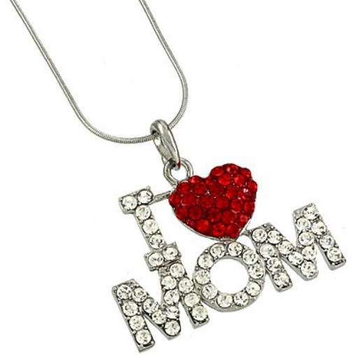 I LOVE(heart) MOM Red/Clear rhinestones-1 3/4 inches by 11/2 inches-19″ chain