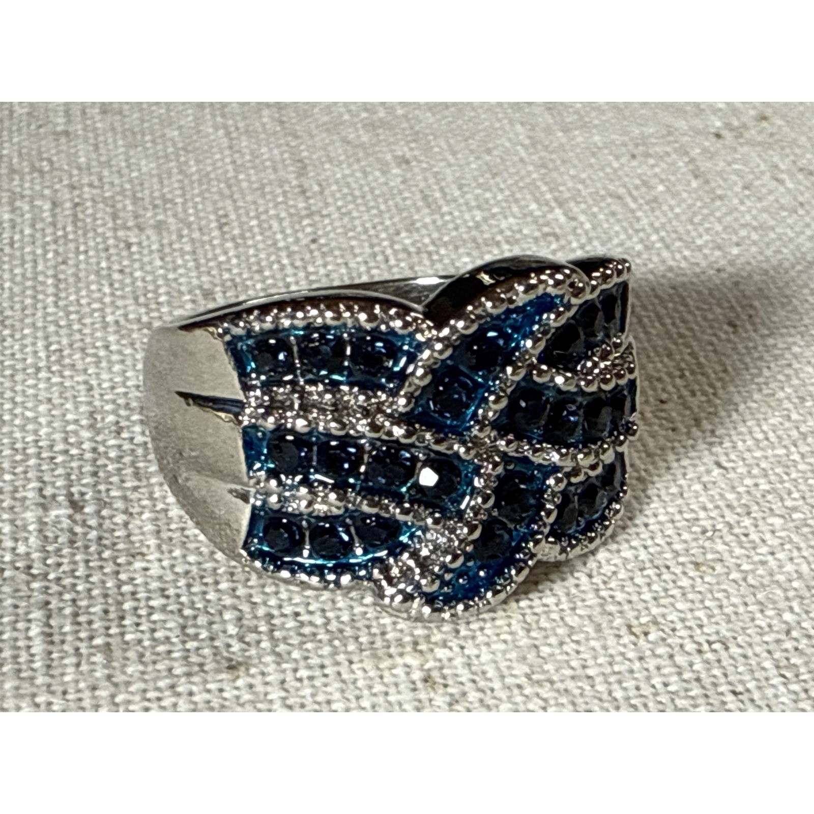 Woven Blue and Clear Crystal Statement Ring Silver Tone Wide Band Size 9