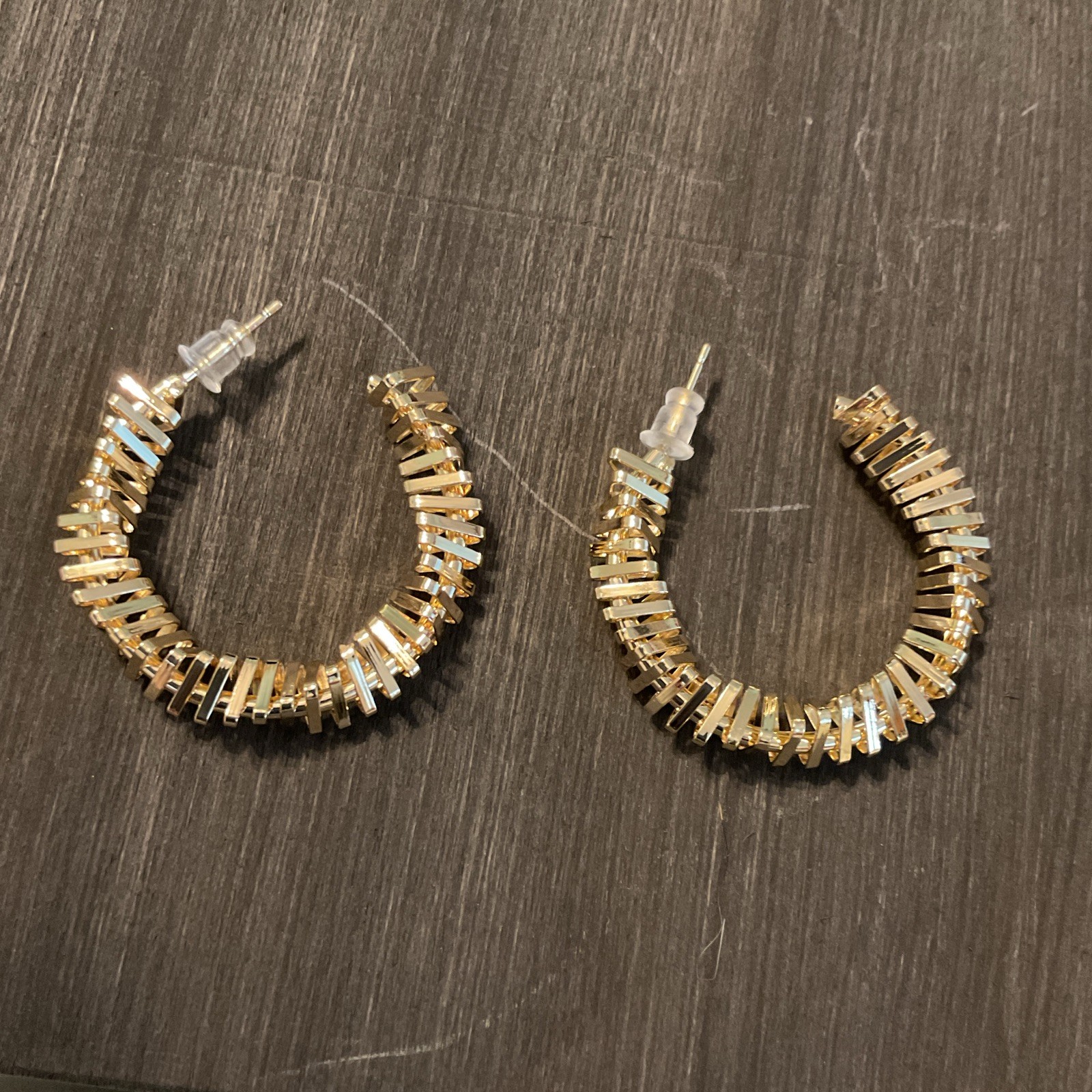 Gold Tone Round Hoop Earrings Clear Baguette Crystal Push Back Closure