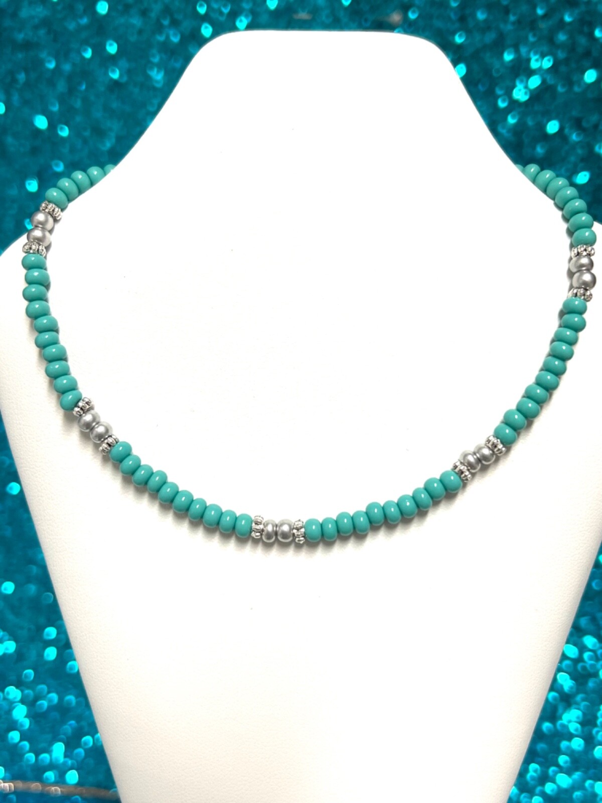 Texas Treasures Turquoise and Silver Preciosa Seed Bead Necklace 15 , 16 , 18 In