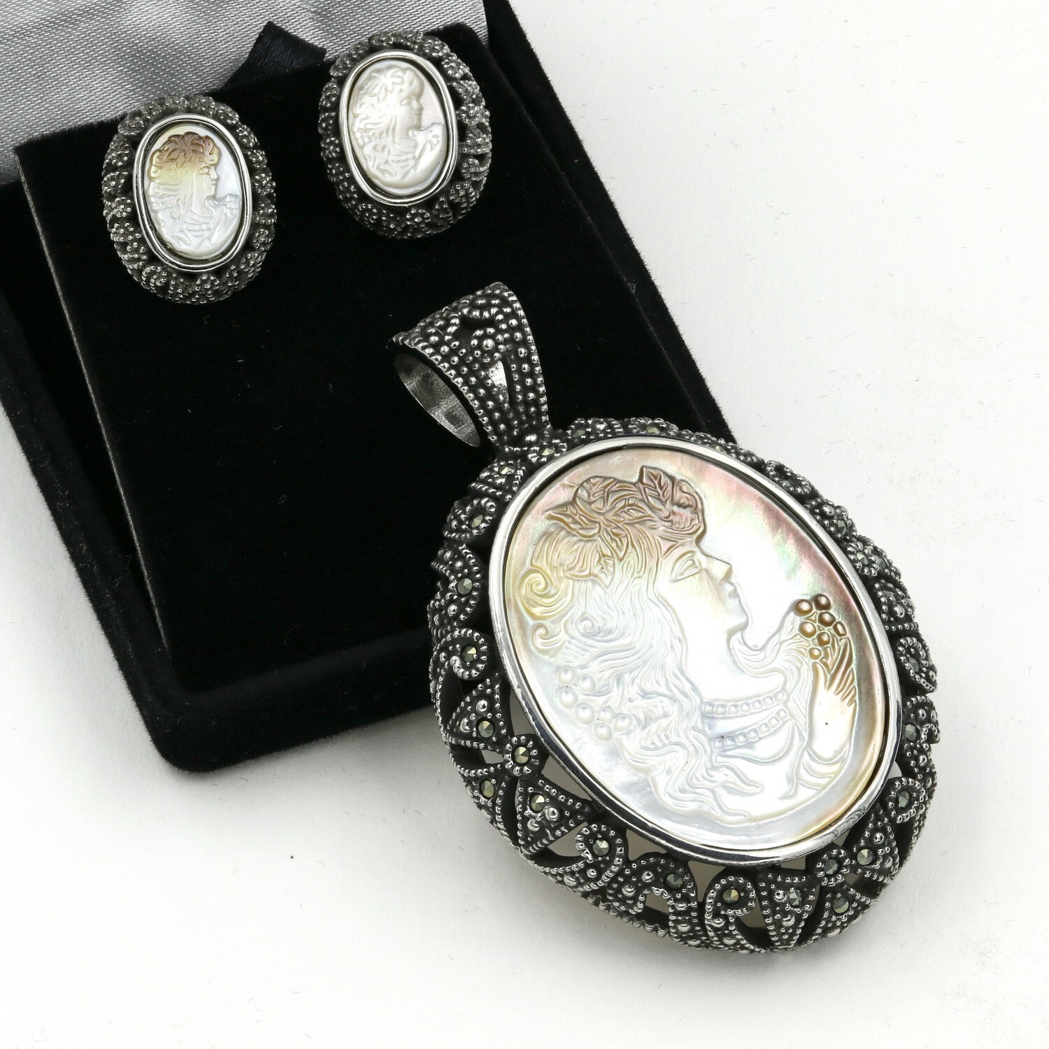 Stainless Steel 316 Abalone Cameo Marcasite Pendant & Earrings