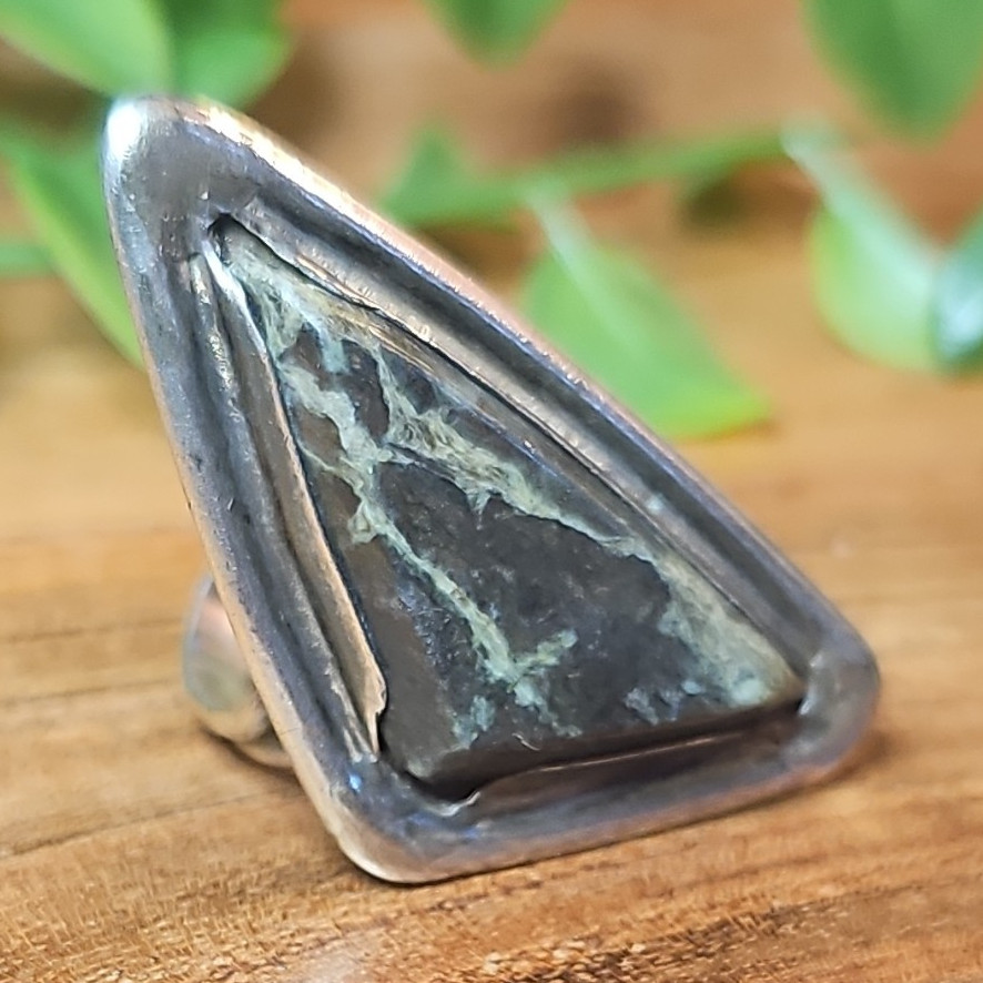 Vtg 925 Sterling Kambaba Jasper Statement Shield Asymmetrical Ring 13g Sz 7.5