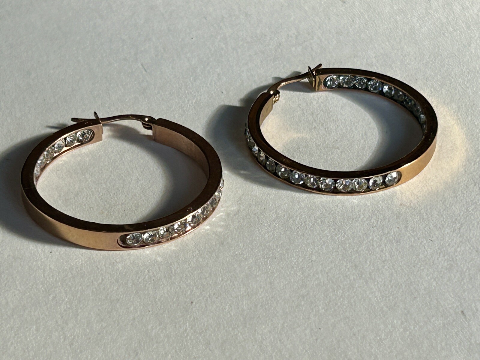Pair or Rose Gold Toned Rhinestone Stainless Steel Hoop Earrings 1⅜ inch