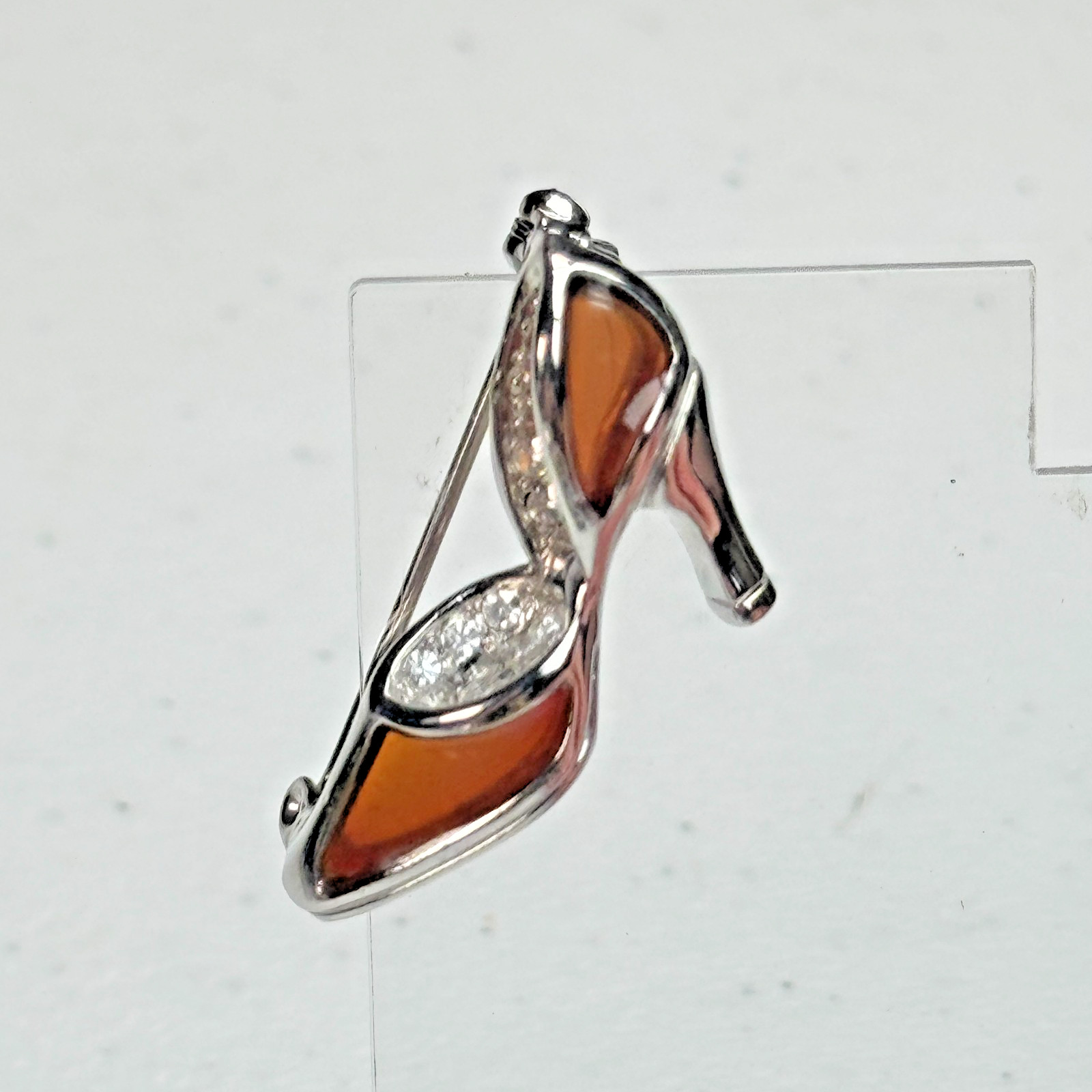 Vintage Brooch High Heel Shoe Brown Enamel Rhinestone Silver Tone Pin Fashion