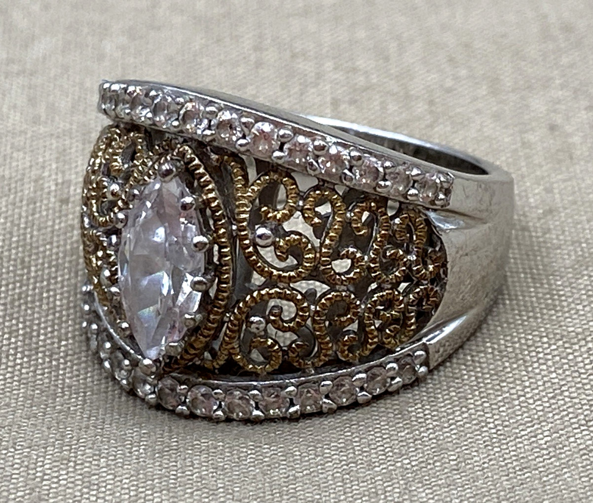 Verragio Womens 2 Tone Sterling 925 Marquise Filigree Cocktail Ring Size 8 /8.5g
