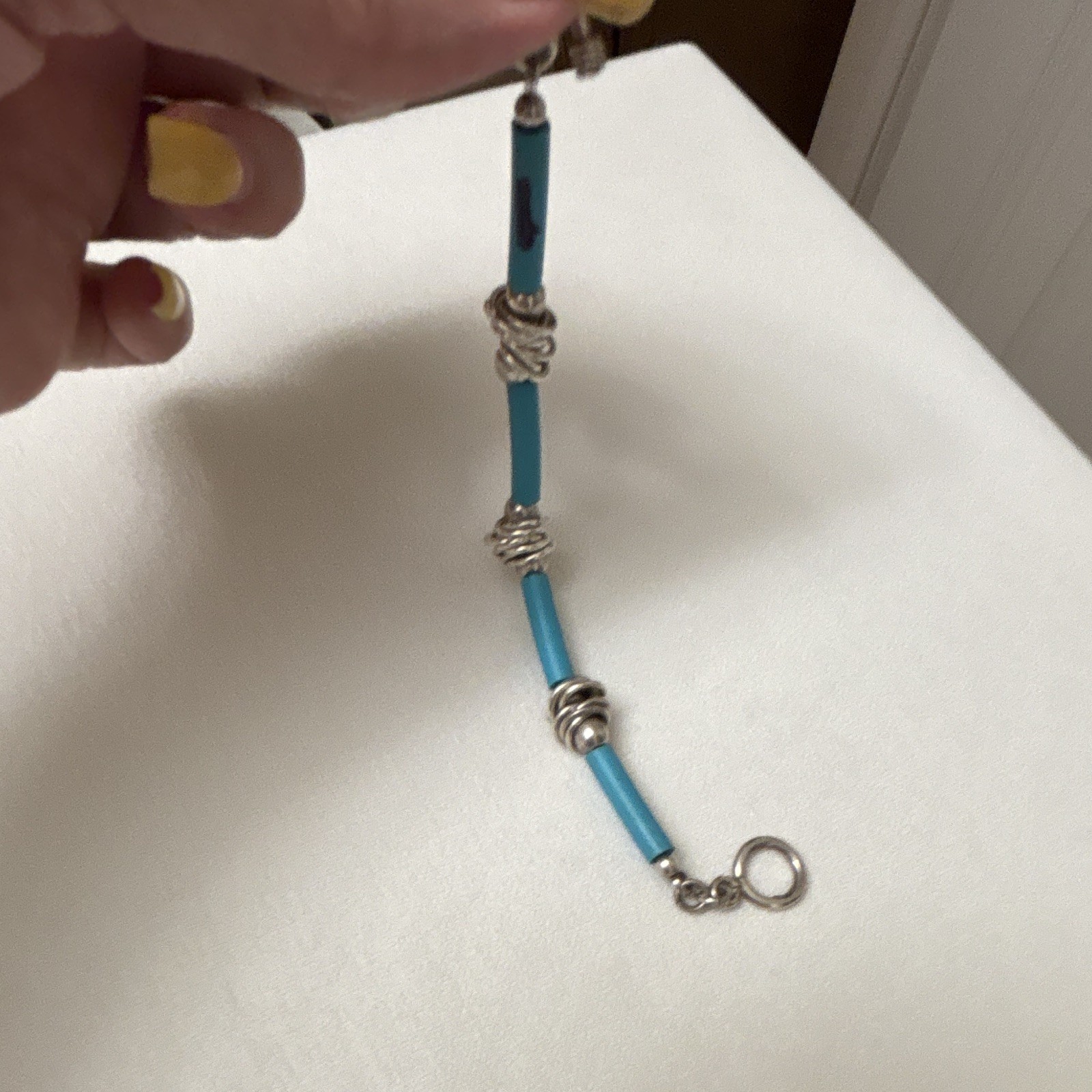 Blue Beaded Bracelet Silver Tone Wire-Wrapped Beads Toggle Closure