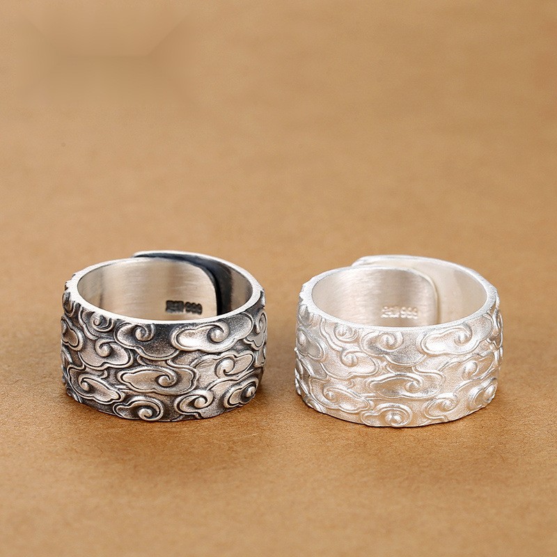 Pure silver auspicious cloud ring with adjustable width and foot silver