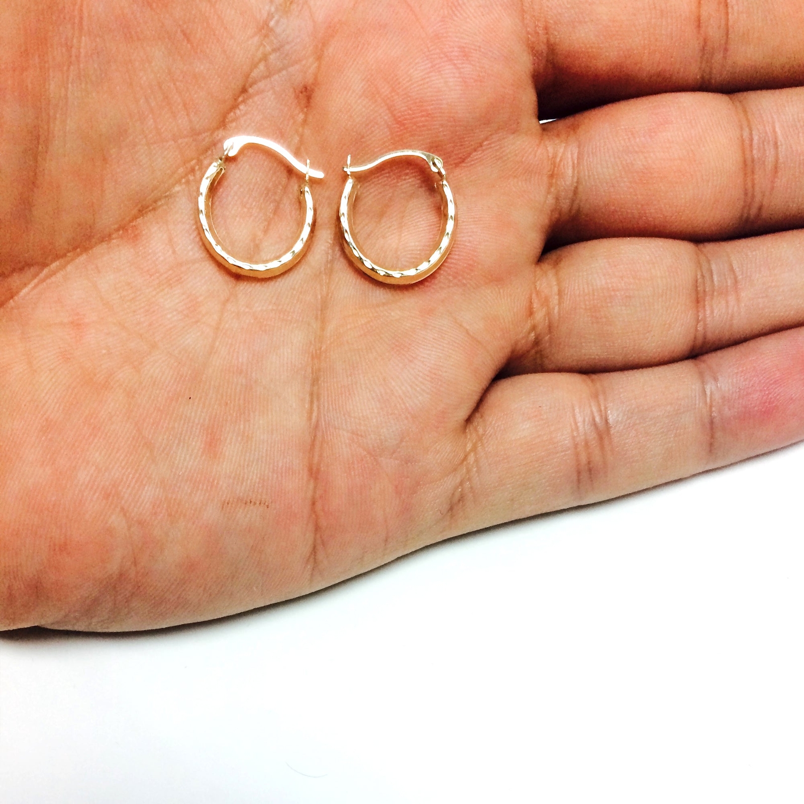 10k Yellow Gold Shiny Diamond Cut Round Hoop Earrings, Diameter 15mm