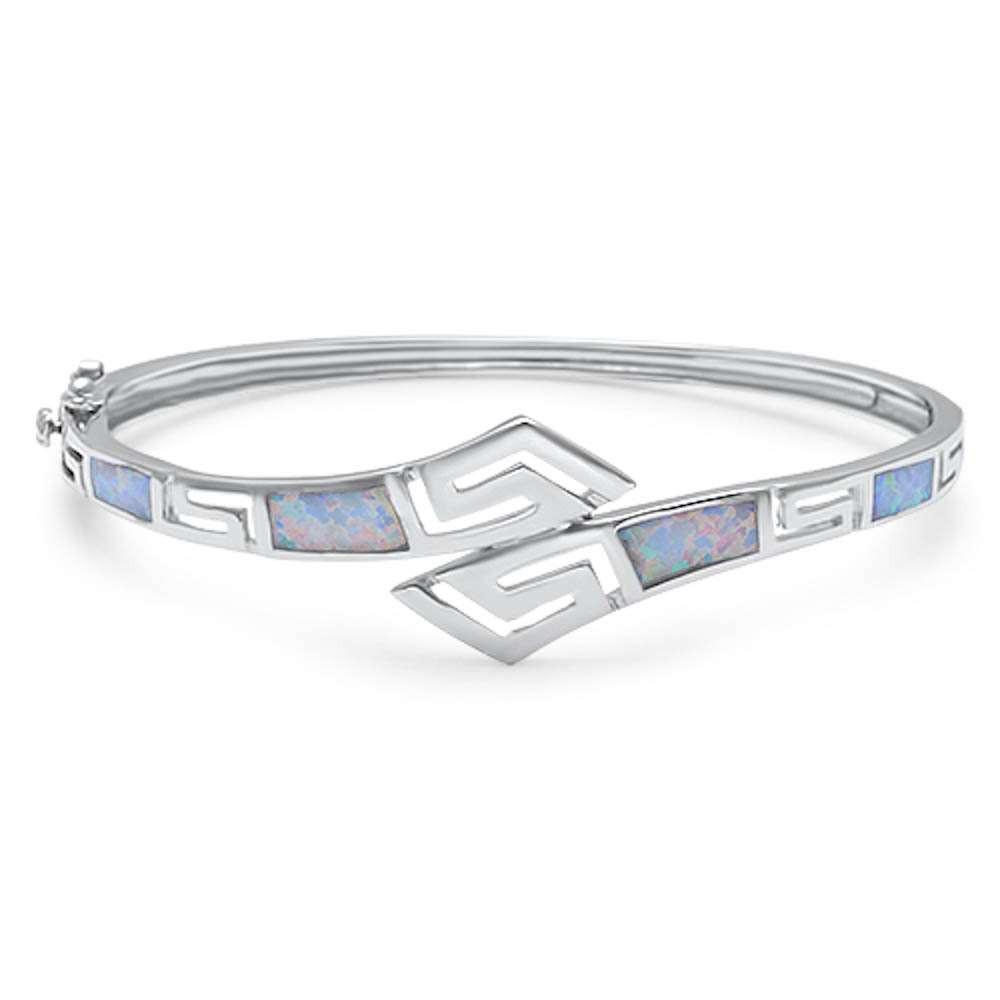 White Opal Greek Key .925 Sterling Silver Bangle Bracelet