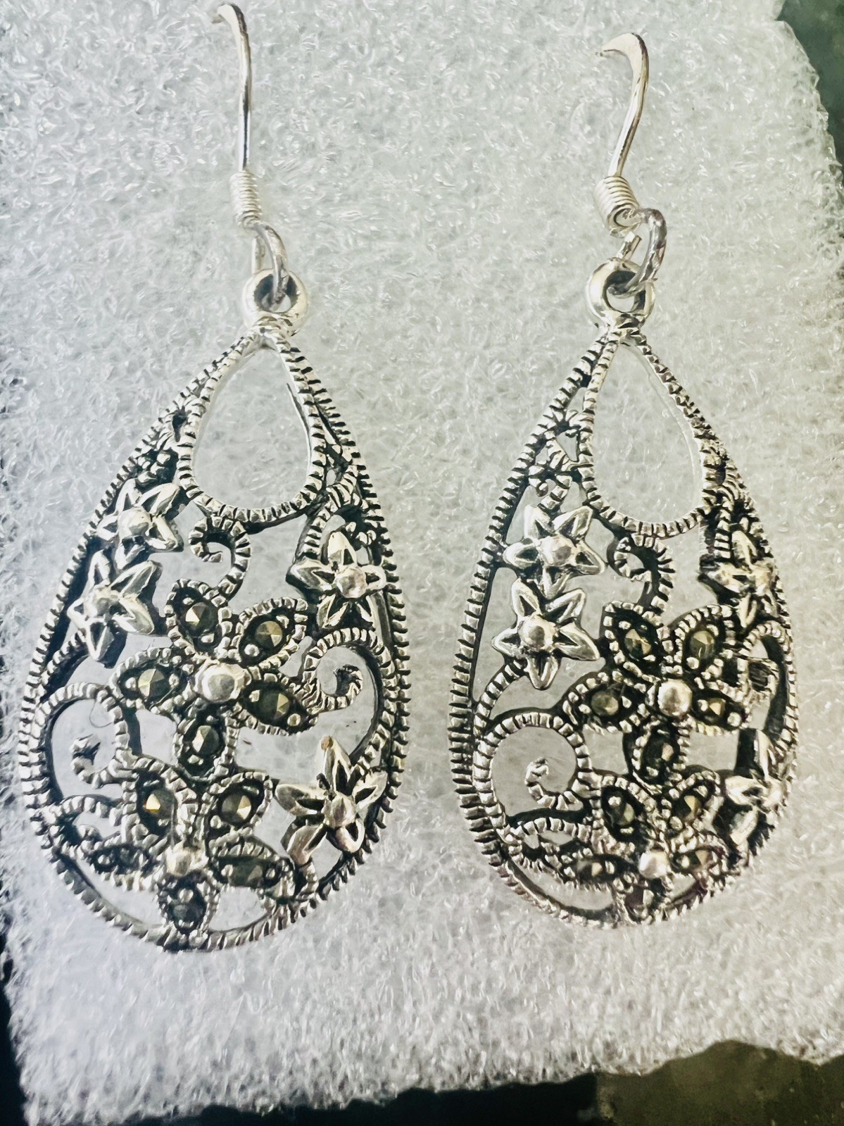 Vintage 925 Sterling Silver Tone Drop With Marcasites Earrings Elegant Gift