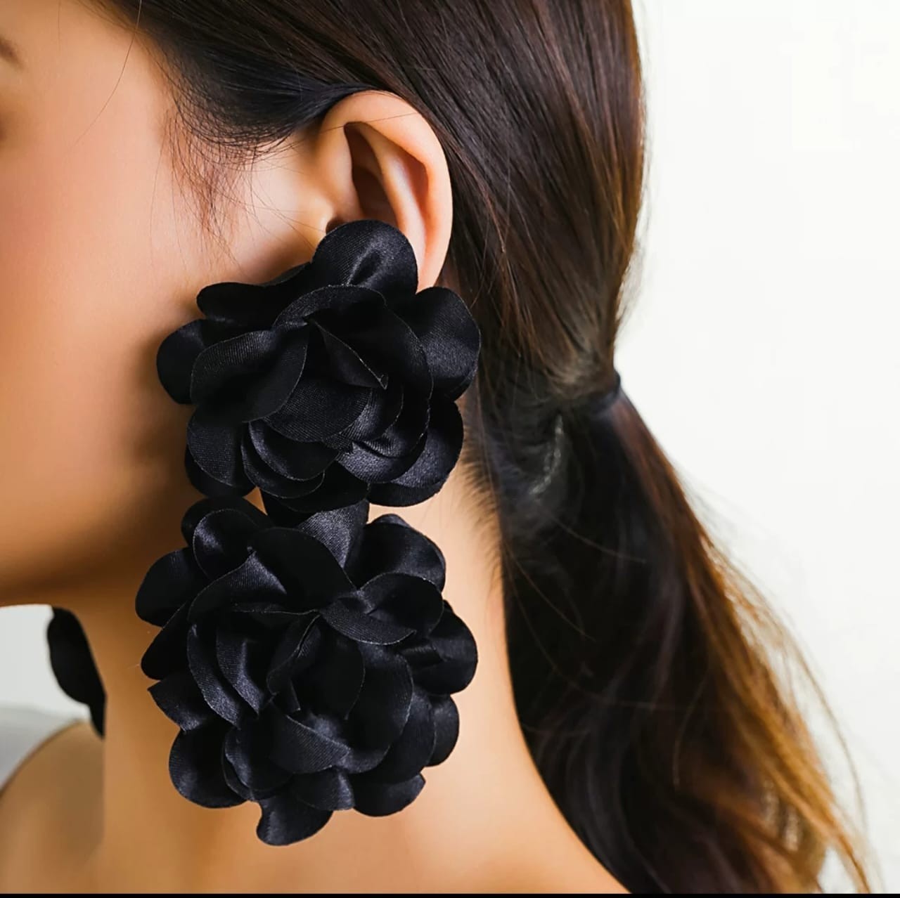 Women Exaggerated Flower Fabric Dangling Earrings – Bold Chiffon Petal Jewelry