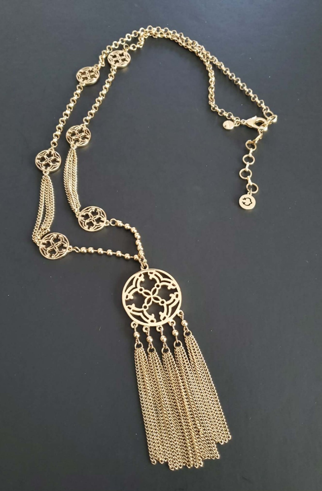 Gold Tone Tassel Pendant Boho Statement Filigree Chain Necklace Long 38”