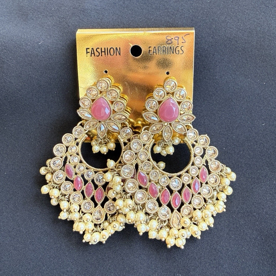 Gold Tone Chandelier Dangle Earrings Pink Pear Stone & Imitation Pearl Beads