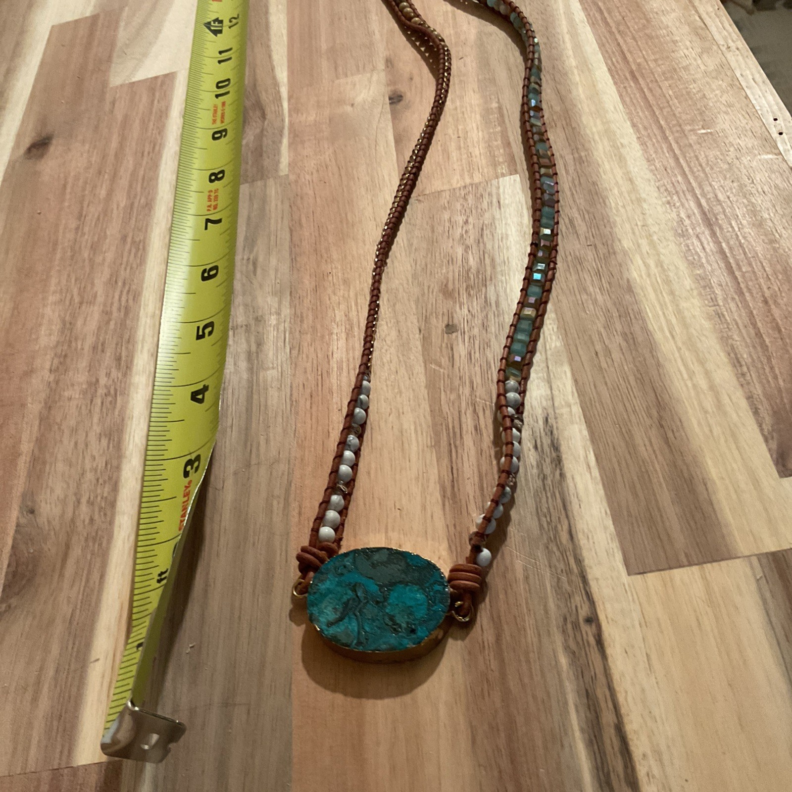Blue Turquoise Color Stone Gold Edges Leather Beaded Necklace 17 Inches Long