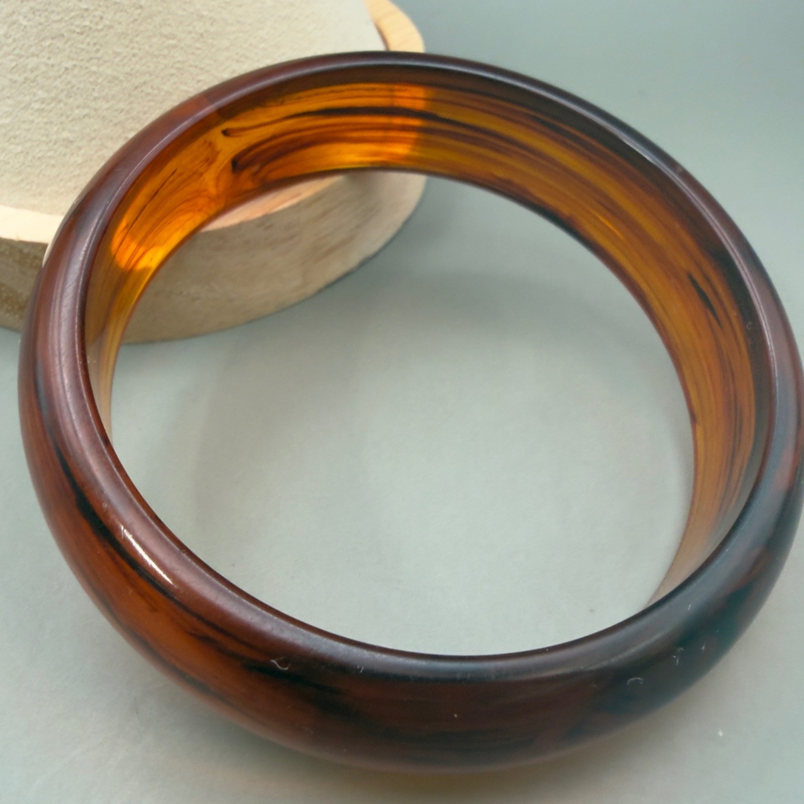 Faux Tortoise Shell Bangle Bracelet Amber Brown Resin Acrylic Domed Slip On