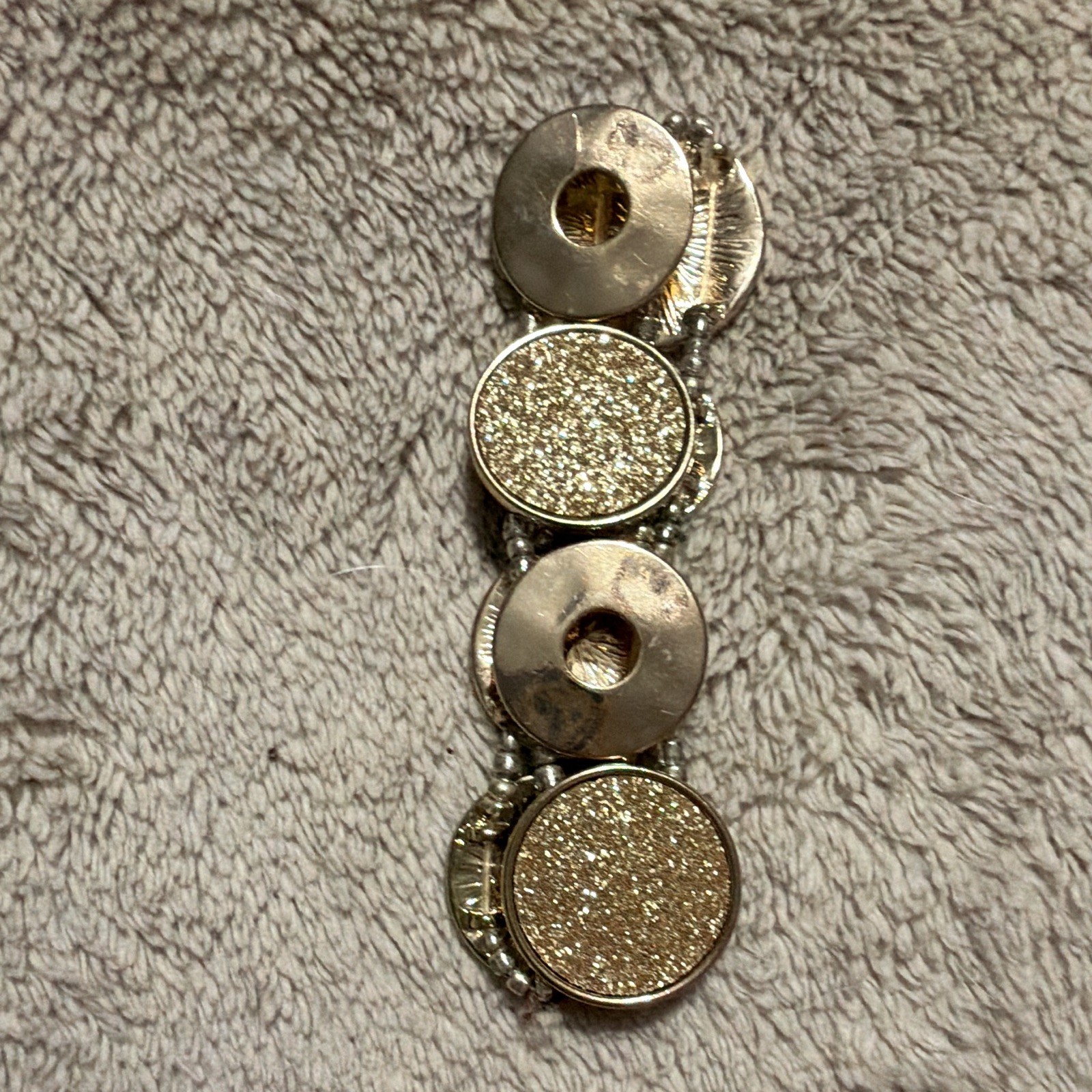 Gold Tone Stretch Adjustable Bracelet Round Textured Disc Links Dangle Charm