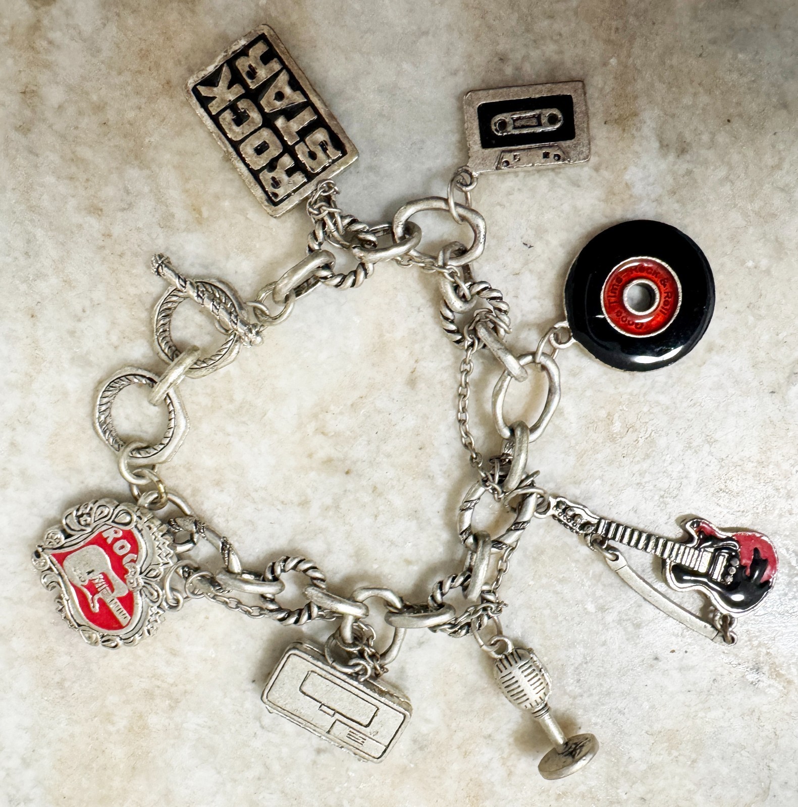 VTG ROCK STAR Charm Bracelet With Guitar Cassette Record Radio Toggle silvertone