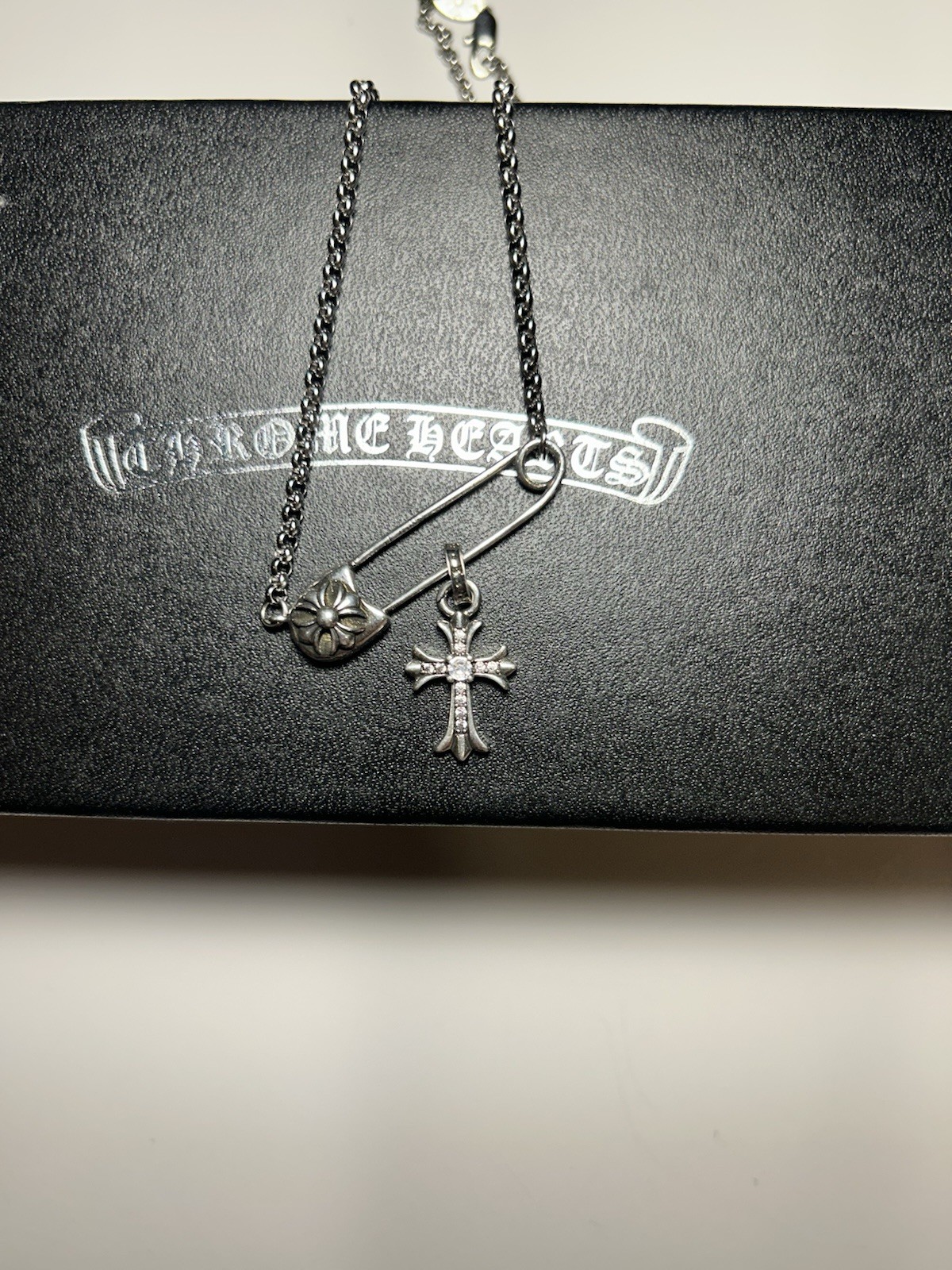 Safety Pin with Diamond Cross Charm Pendant Silver Cable Chain
