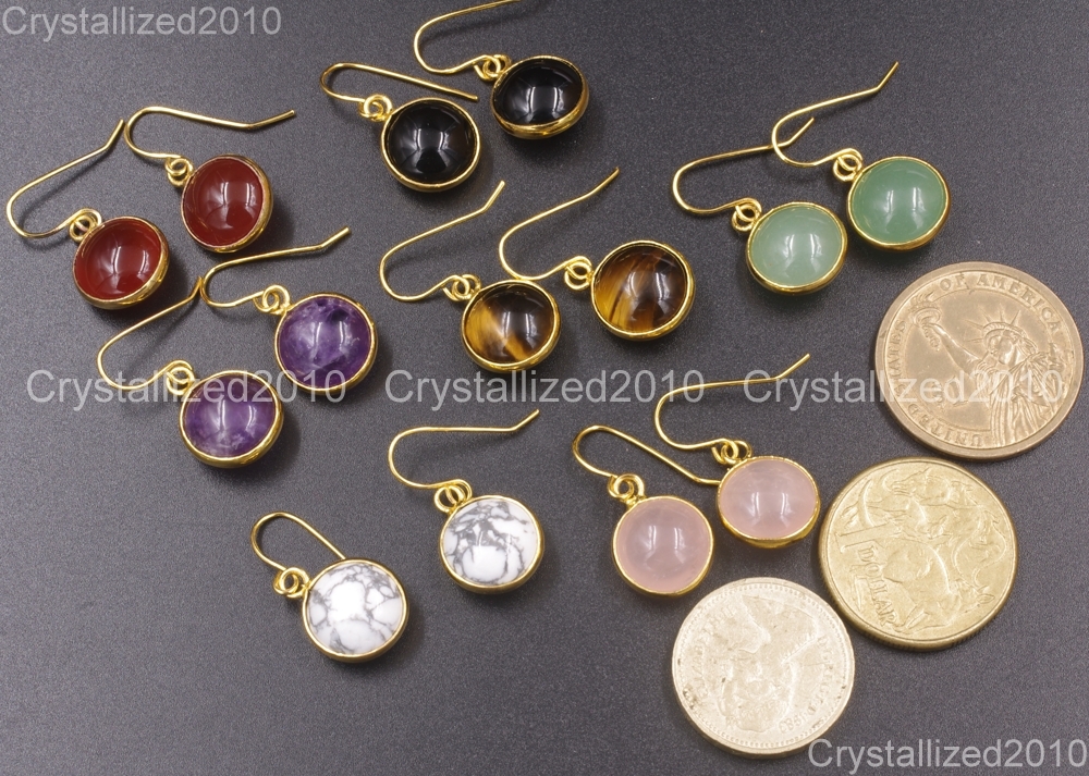 Natural Gemstone Round Candy Healing Chakra Pendant 18k Gold Plated Earrings