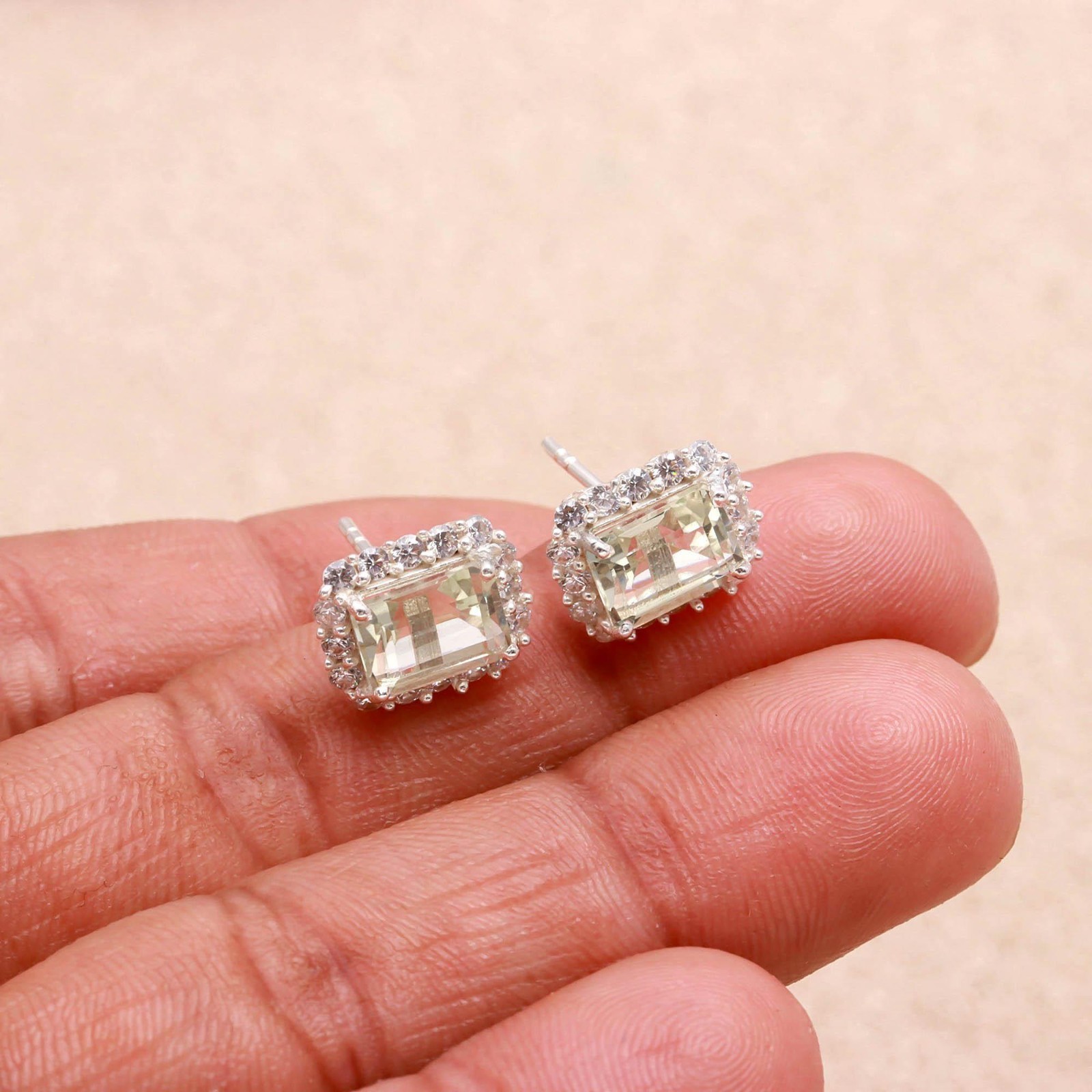 Natural Green Amethyst Octagon Stud Earrings Solid Silver Moissanite Jewelry