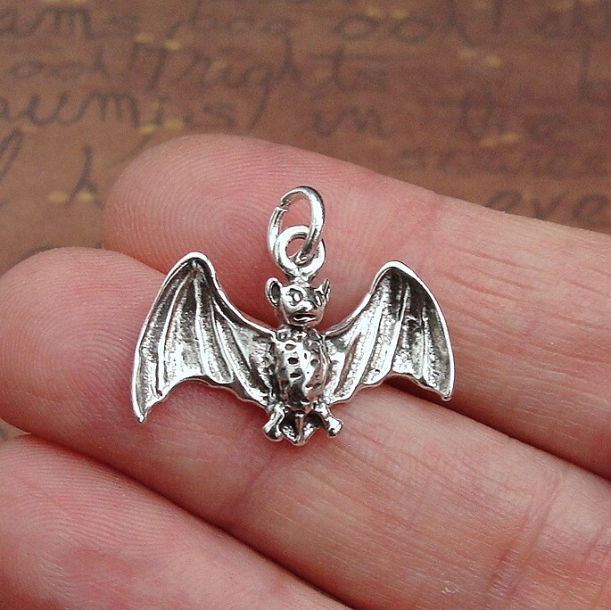 925 Sterling SIlver Flying Bat Charm – Halloween Bat Pendant – Halloween Charm