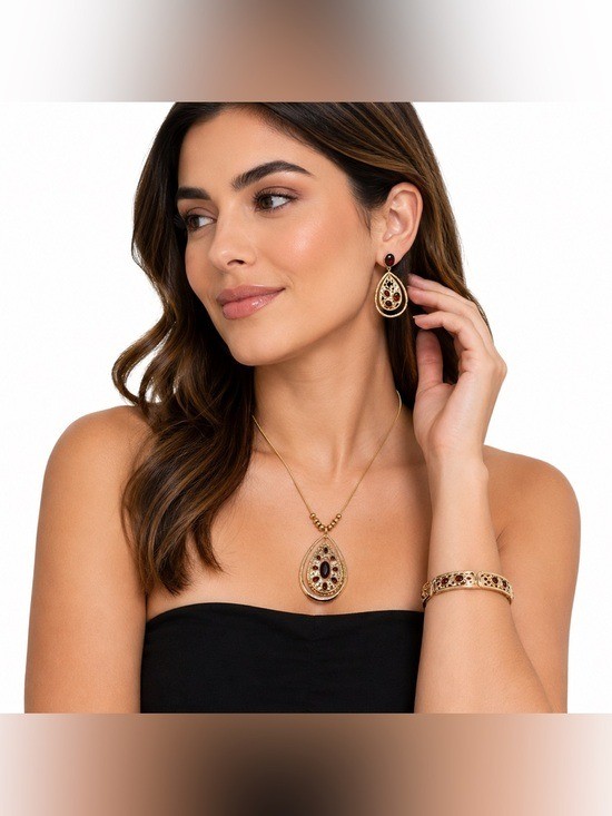 NWT Dana Buchman Gold Tone Amber Rhinestone Teardrop Necklace Earring Bangle