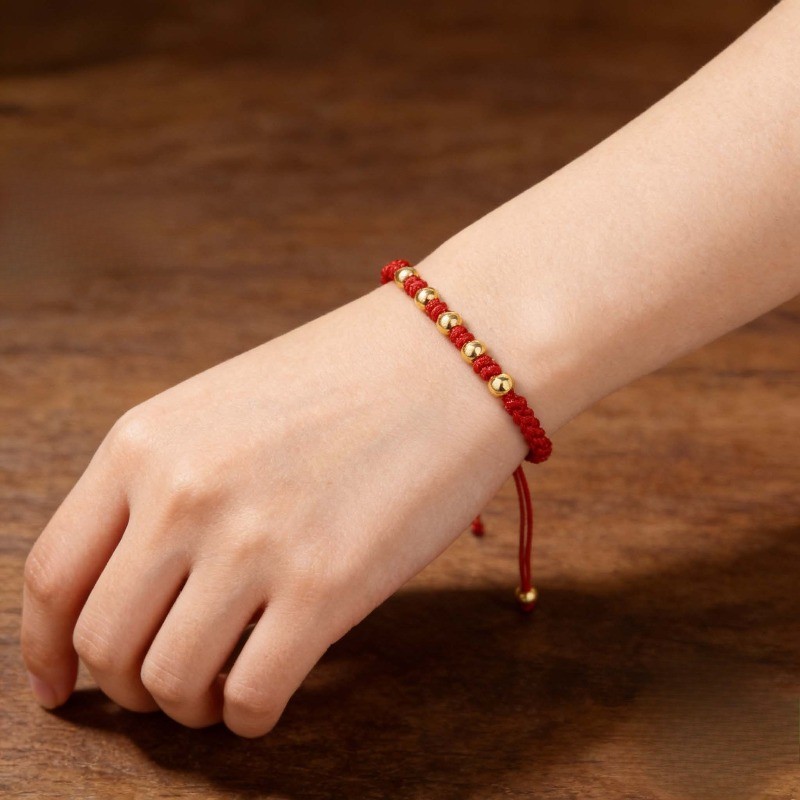 Lucky Red Braided Hand Rope Couple Bracelet with 8 Golden Beads Exquisite Gift