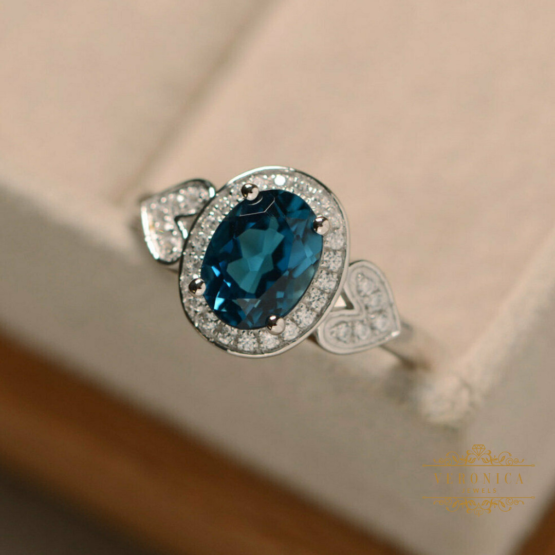 2.10 Carat Blue Oval Cut Sapphire Diamond Halo Engagement Wedding Ring In 925 SS