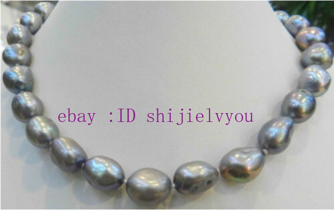 Huge 10-12mm Natural Silver Gray Real Baroque Cultured Pearl Necklace 18”