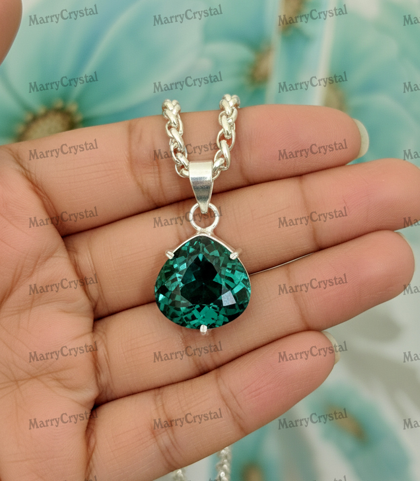 34+ Ct Green Amethyst Color Quartz Stone 18″ Chain German Silver Gemstone