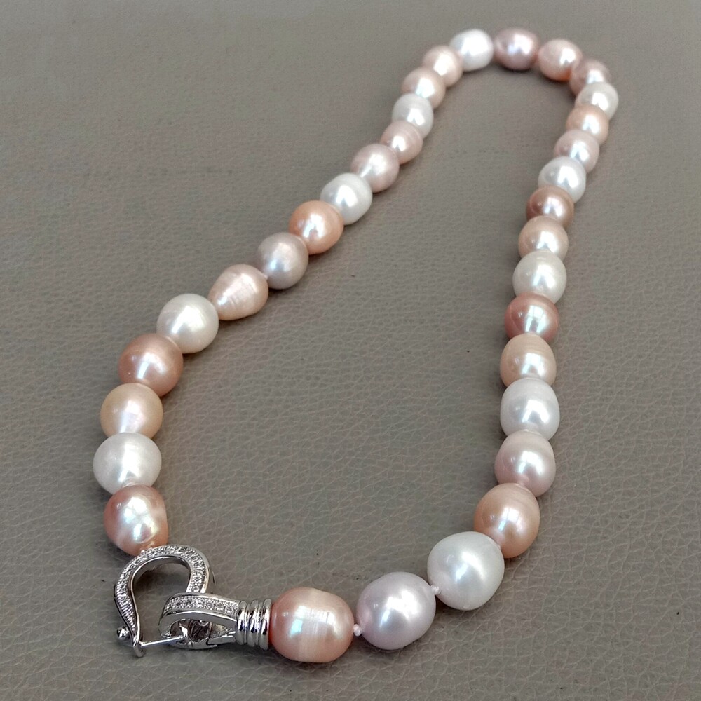 Freshwater Pearl Pink Purple White Rice Mixed Color Pearl Necklace For Women 17″