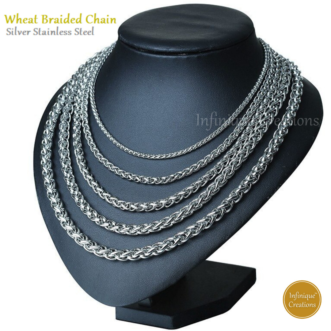 Stainless Steel Silver Wheat Braided Chain Necklace Men Women 3mm-8mm 7- 38″