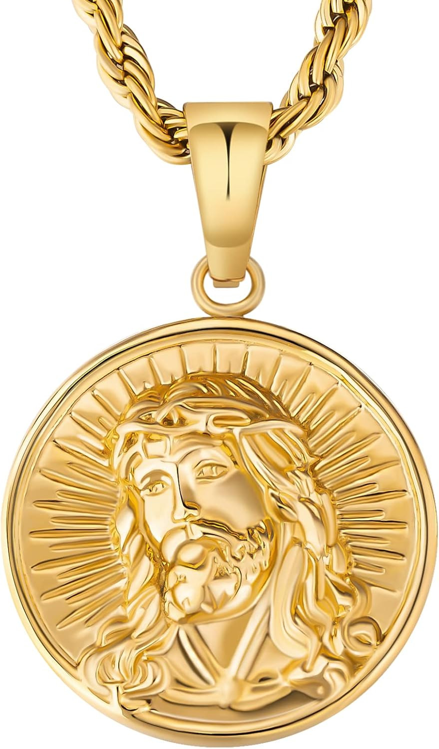 Jesus & Cross Coin Pendant Medallion Necklace Vintage Gifts for Men Gold Plated